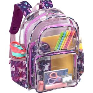Bagseri Clear Backpack for Girls - 15 Inch Heavy Duty Kids Clear Bookbag for Kindergarten to Grade 2, Transparent School Bag with Reflective Strip, Fits Folders, Deep Purple Unicorn