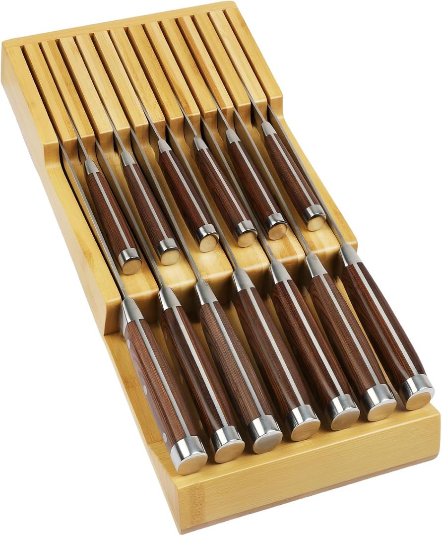 Bamboo Kitchen Drawer Knife Block, In drawer Knife Holder, Knife Drawer Organizer fit for 13 knives