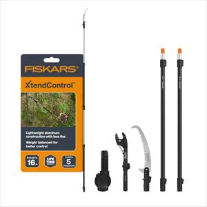 Fiskars XtendControl 16' Tree Pruner Kit with Rotating Pruner Head, 15" X3 Double-Hooked Saw, Two 4-8 Ft Extension Poles, Cuts Branches up to 1.25", Pivots 45 Degrees, Lightweight Aluminum