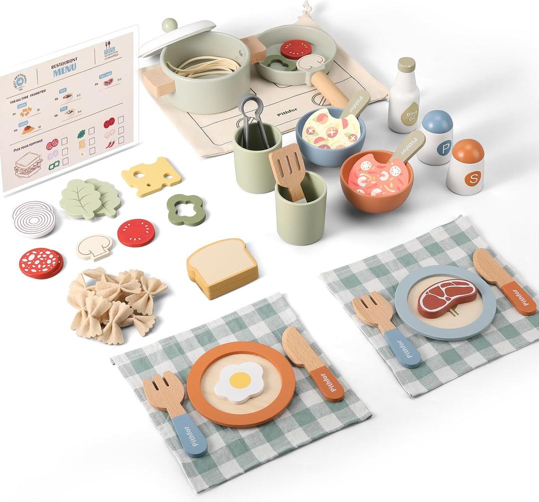 Pithfor Wooden Play Cooking Set, Pretend Play Kitchen Accessories Toys Set for Kids Toddlers, Including Play Dishes, Pot and Pan, Utensils, Gifts for 3 4 5 Years Old Girls Boys, Child-size