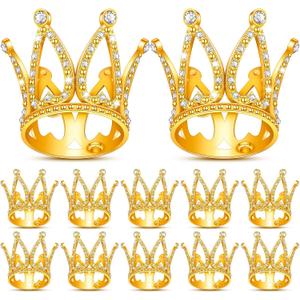 12 Pcs Crown Cake Topper Mini Baby Crown Tiny Queen Small Alloy Crystal Princess Headpiece Cake Decoration for Women Lady Girl Bridal Wedding Royal Themed Baby Shower Birthday Party(Gold)