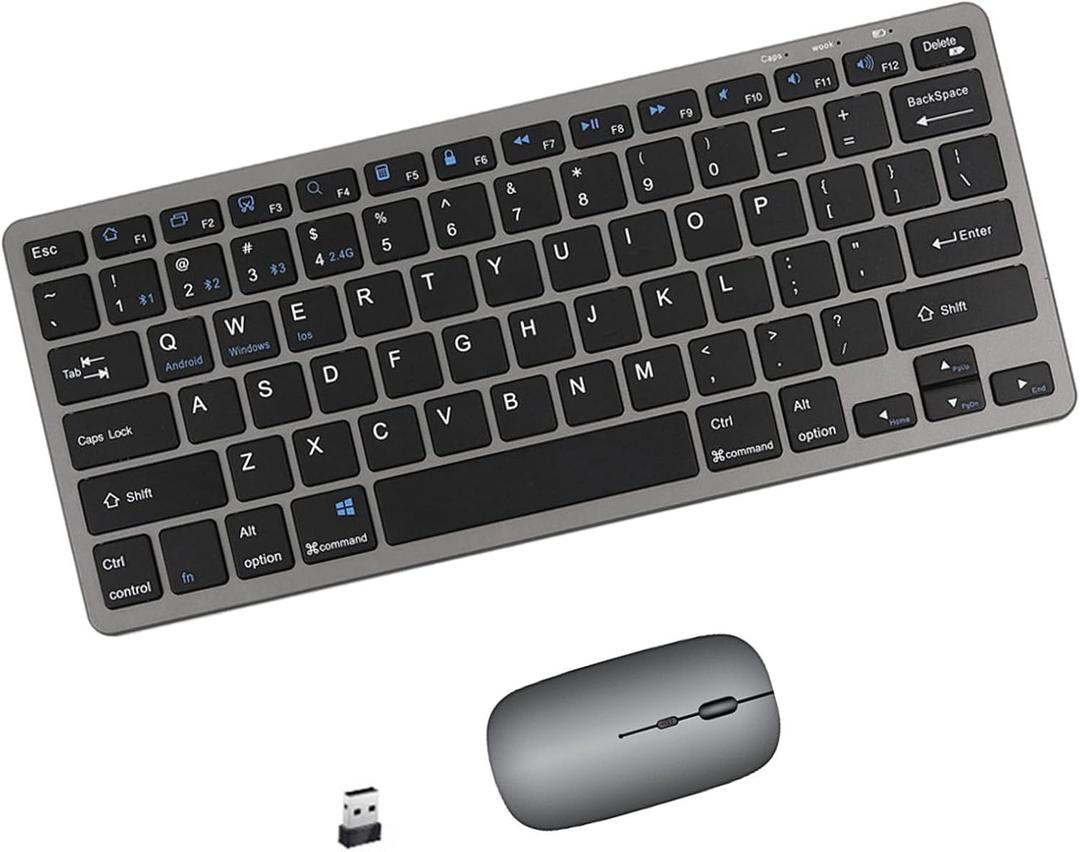 Portable mini Wireless Bluetooth Keyboard and Mouse Combo, Bluetooth 3.0/5.0/2.4G, Multi-Device pc,Laptop,Phone,ipad,Windows,iOS,Android Compatible, Rechargeable,78KEY,11.2inch Length (Gray)