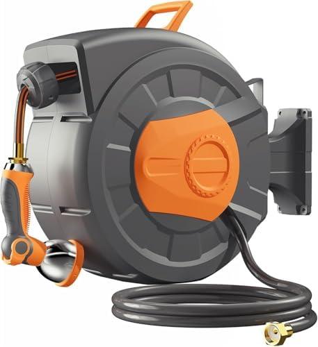 Retractable Garden Hose Reel 100ft, 1/2 inch Water Hose, Wall Mounted and 180 Deg Swivel Bracket, Slow Retraction Any Length Lock 10 Spray Nozzle