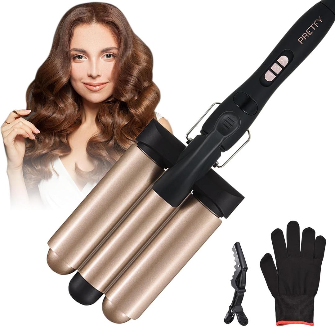 3 Barrel Curling Iron Wand, 1.25 Inch Ceramic Tourmaline Triple BarrelsTemperature Adjustable Portable Crimper Hair Iron for Beach Waves, Hair Waver Heats Up Quickly with LCD Temp DisplayRose Gold