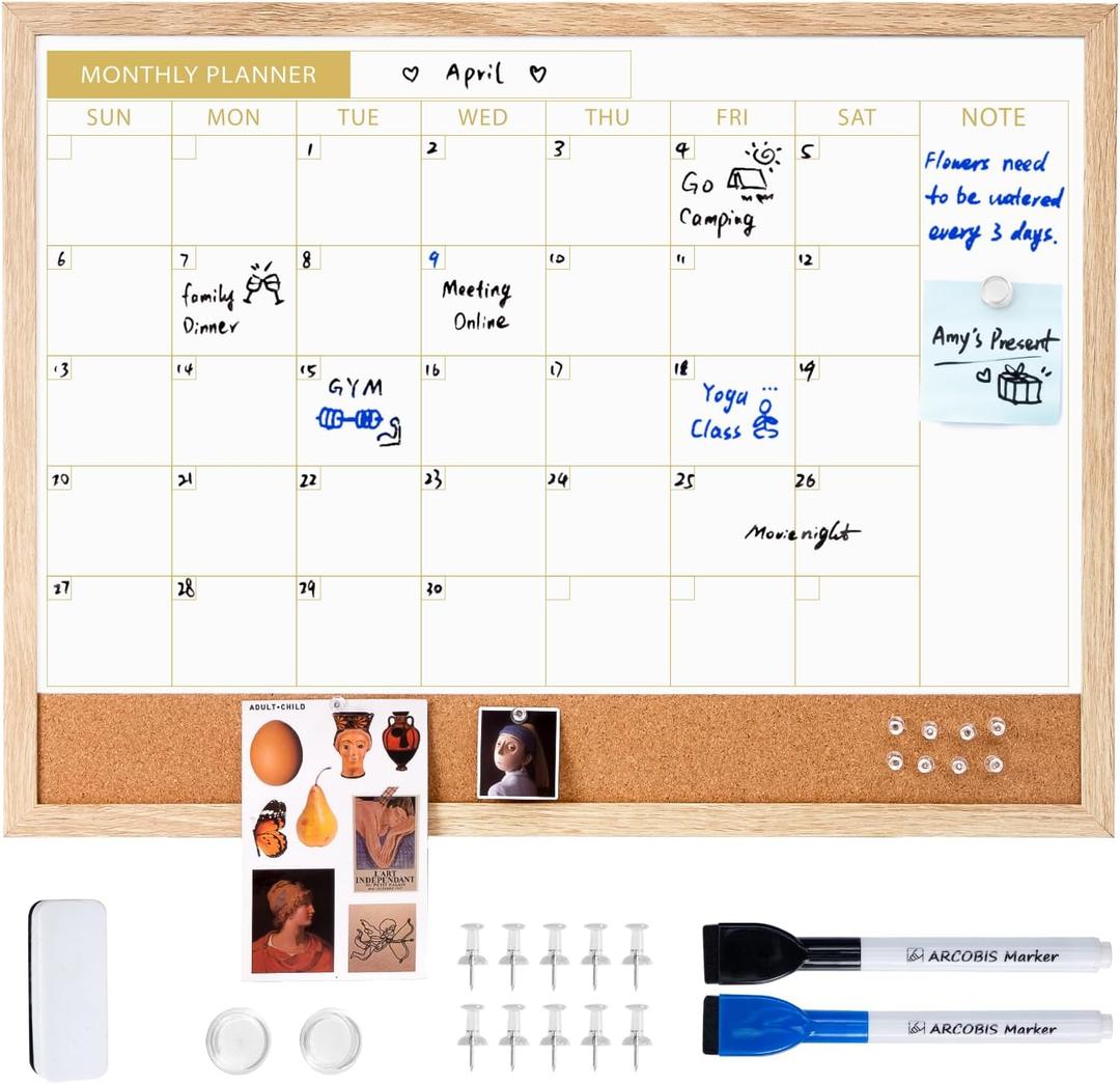 ARCOBIS Calendar Whiteboard with Cork Board, 24"x18" Wood Frame Dry Erase Calendar for Wall, Magnetic Monthly Combination Board for Home, Office, School, Kitchen, Beige