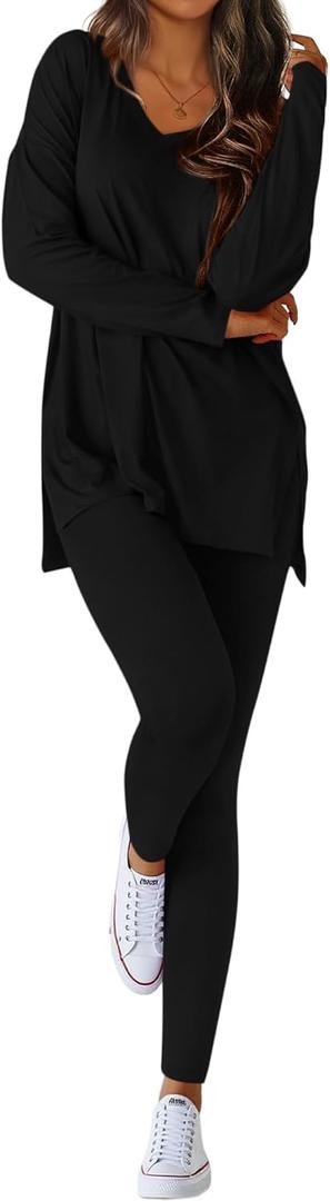 BTFBM Two Piece Sets for Women 2026 Casual Lounge Set Matching Oversized Shirts Leggings Workout Airport Travel Outfits (Medium, Black)