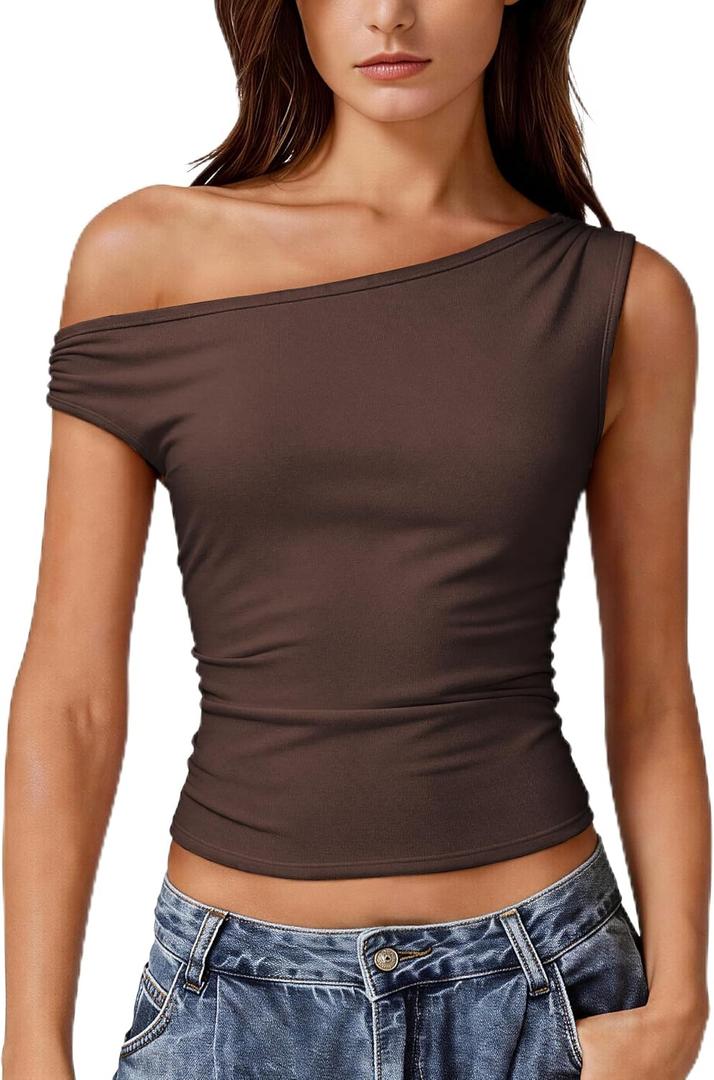 Women Off Shoulder Tops Sleeveless Shirts Y2K Going Out Crop Tank Top Brown (Brown, M)