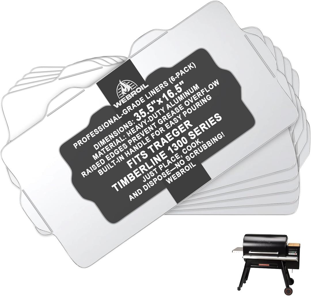 6 Packs BAC515 Drip Tray Liners for Traeger Timberline 1300 Series Grills, Heat-Resistant Foil Liners Replacement for Traeger Timberline Accessories, Aluminum Tray for Catching Grease 35.5 x 16.5 Inch