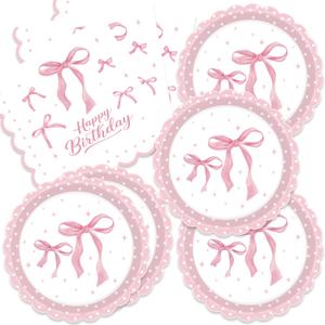 40pcs Pink Bow Party Supplies Coquette Birthday Decorations Pink Bow Birthday Plates and Napkins for Girl Bow Theme Party Baby Shower Bridal Bachelorette Party,Suitable for 20 Guests