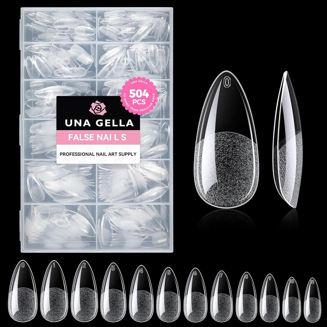 UNA GELLA Almond Gel Nail Tips, 504PCS Pre Etched Clear Fake Nails Tips Medium Almond Shape - 12 Sizes Full Cover Soft Acrylic Press On Nail Extensions No C Curve Gift for Diy at Home, Medium Almond