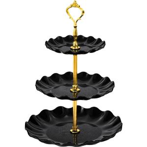 Soleebee 3-Tier Cupcake Stand, Wavy Plastic Tiered Serving Tray, Cup Cake Tower for Birthday Wedding Party Decoration, Cupcake Tier Stand Fruits Desserts Display (Black)