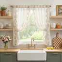 Jinchan Belrose Linen Floral Cafe Curtains 45 Inch Length Embroidered Farmhouse Curtains for Kitchen Bedroom Bathroom Small Windows Curtain Set Light Filtering 2 Panels, Beige