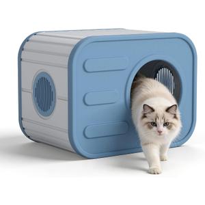 Plastic Outdoor Cat House Weatherproof, Stackable Feral Cat House Outside with Double Louvered Vents, Resin Cat Shelter Waterproof for Outdoor Indoor Use, Blue, 14.3"D x 20.7"W x 15.8"H