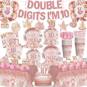 197pcs 10th Birthday Decorations for Girl, Double Digits Birthday Girl Serves 25, 10 Year Old Birthday Decorations Thick Plates Banner Tablecloths and Cake Topper with Cupcake Toppers