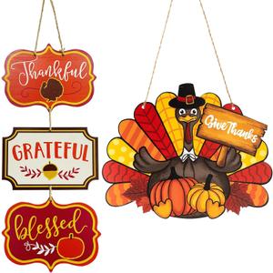 2 Pieces Thanksgiving Decoration Wooden Door Sign Hanging Fall Harvest Welcome Decor Wall Signs Thankful Blessed Grateful, Turkey Sign Fall Decor for Home Thanksgiving Party Front Door