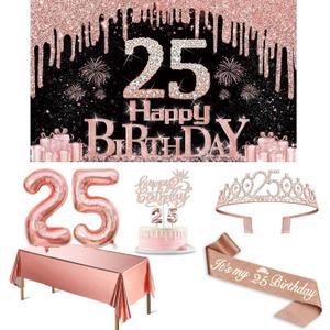 25th Birthday Decorations for Women with Banner, Rose Gold Tablecloth, Number Balloons, 25th Birthday Sash and Tiara, Cake Topper and Candles