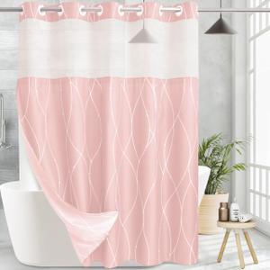 KONZENT Pink White Striped Fabric Shower Curtain with Snap in Removable Liner for Bathroom Bathtubs,Hotel Shower Curtain and Liner Set with See Through Mesh Top Window,Machine Washable (71" W X 74" H)