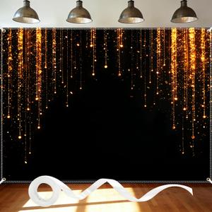 Black and Golden Backdrop 7x5ft Polyester Glitter Backdrop Masquerade Decorations Vintage Photo Booth for Family Birthday Party Photo Studio with Ribbon