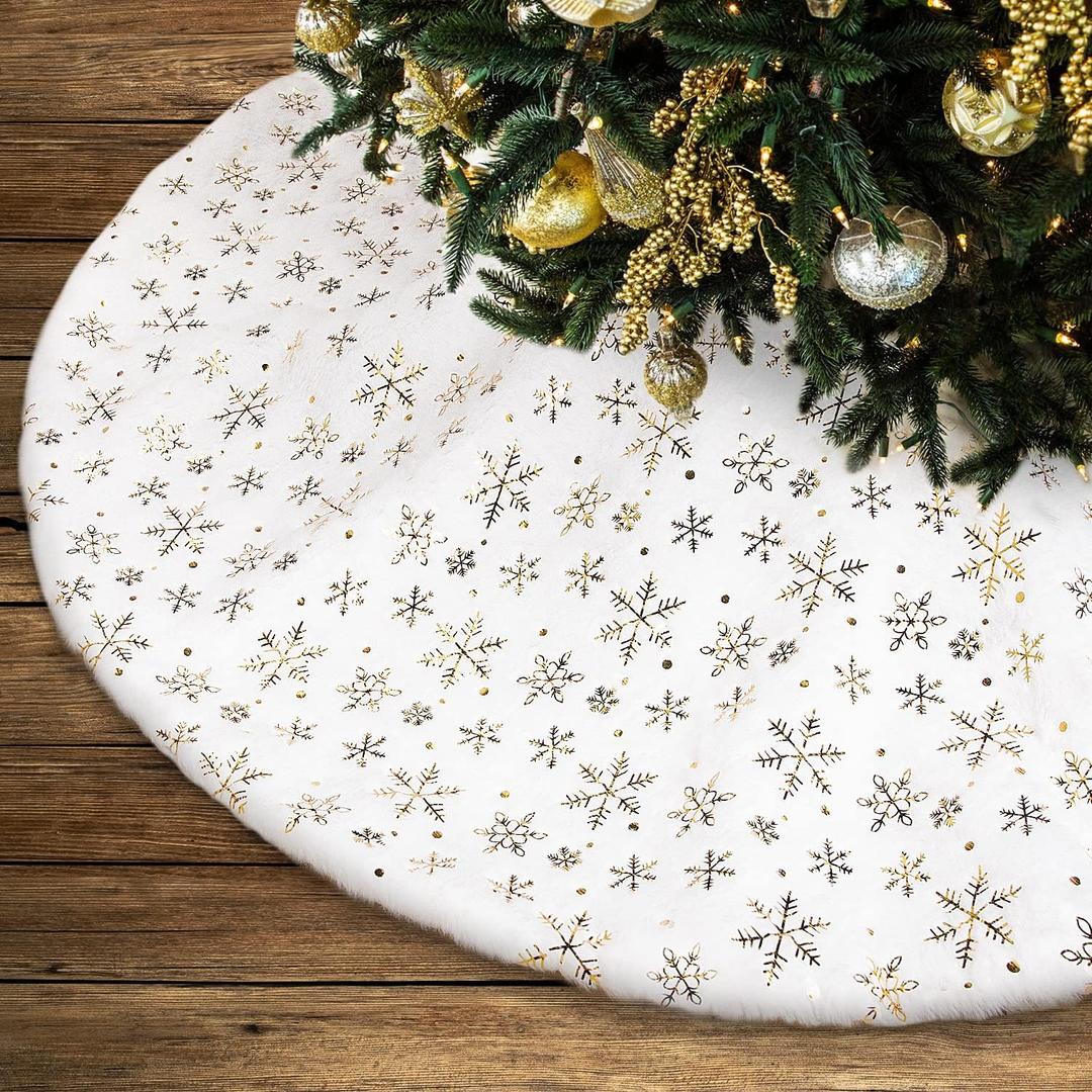 Lanpn Christmas Tree Skirt 24 inch, Xmas Tree Skirt with Snowflake Winter Christmas Tree Mat for Small mini Pencil Slim Artificial Trees Winter Home Party Holiday Indoor Xmas Decor (Gold, 60cm)
