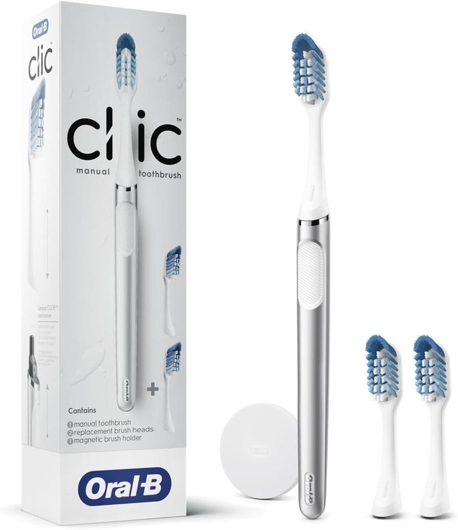 Oral-B Clic Deluxe Starter Kit, Manual Toothbrush with 3 Brush Heads & Magnetic Brush Mount, White
