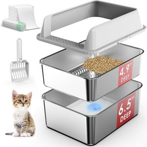2PK Stainless Steel Litter Box with Lid, High Sided Sifting Litter Boxes for Pine Pellets, 17.3"x13.4"x10.5" Enclosed Metal Litter Box for Small Cats & MultiCat Homes, Anti-Leakage, Easy Cleaning