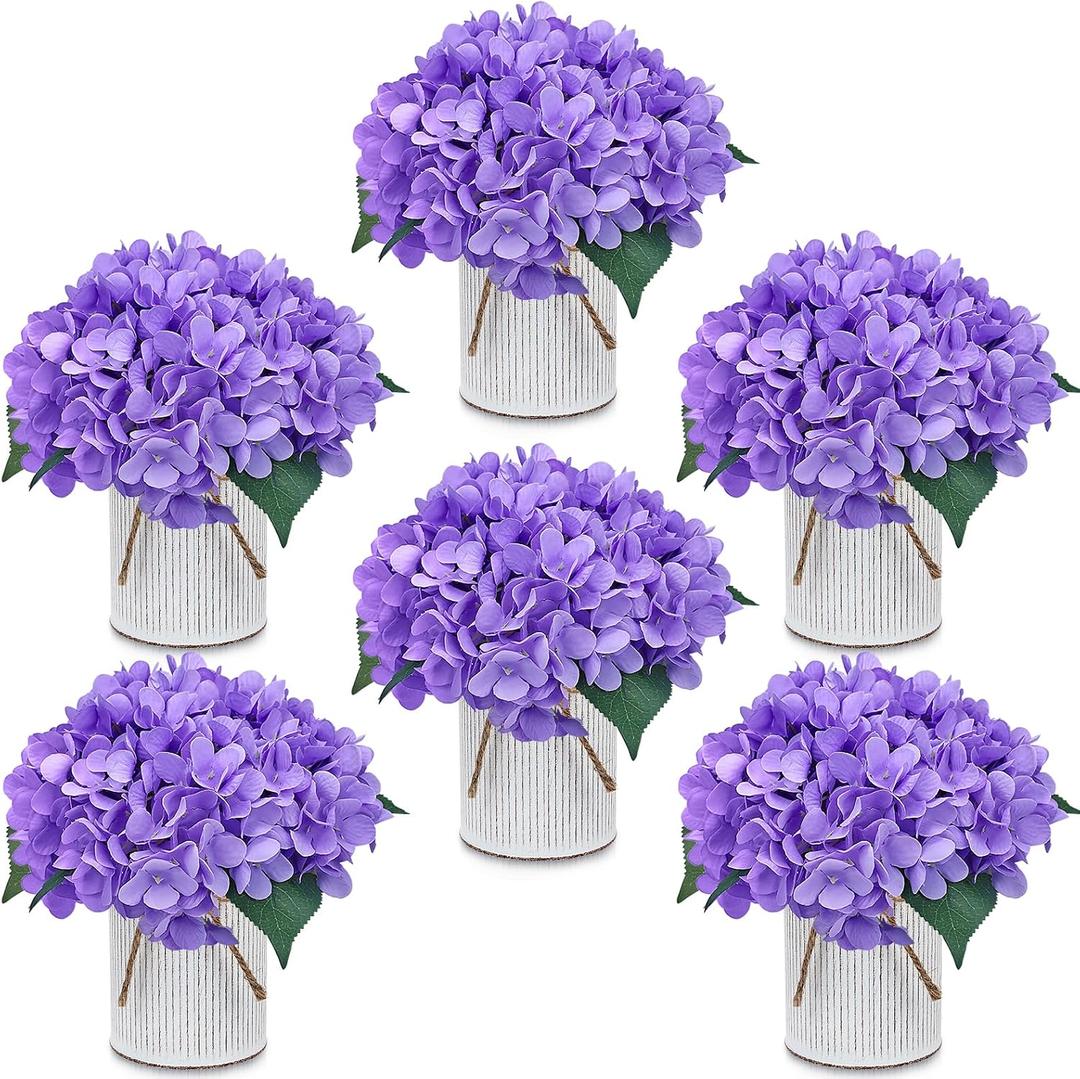 Purple Flower Table Centerpieces, Set of 6, Hydrangeas | Floral Arrangement Artificial Wedding Floral with Rustic Metal Vase for Bridal Tea Party Event Decorations