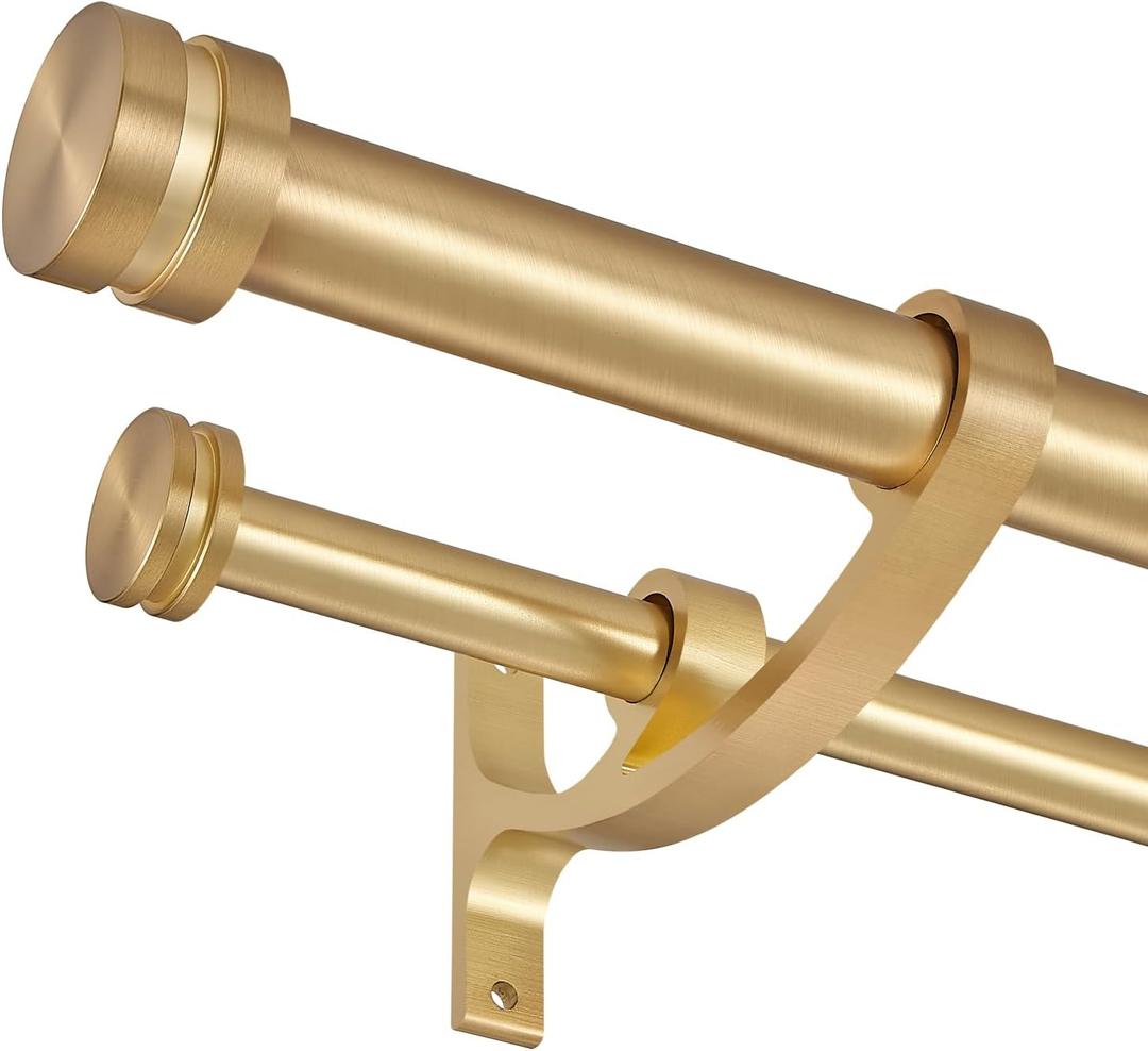 Double Drapery Curtain Rods, 36-72 Telescoping Curtain Rod with 1inch large rod and 5/8inch small rod, Modern Round Style Finials, Warm Gold