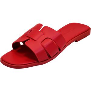 Women's Flat Sandals, Ladies Leather Cross Strap Slide Slippers, Comfy Dressy Slip on Shoes Elegant Summer Fall Spring Cute Open Toe Casual Footwear (8, Red)