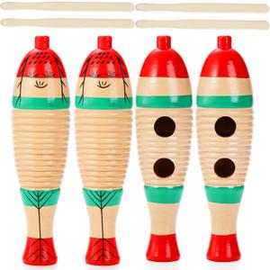 Yopay 4 Pack Guiro Instrument Fish Shaped, Latin Percussion Instrument for Kids, Colorful Wooden Musical Instruments with Rhythm Sticks for Girls, Boys, Adults, Educational Early Learning