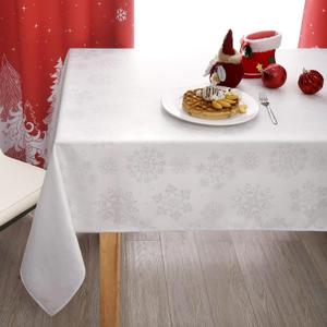 MikiUp Jacquard Rectangle Christmas Tablecloth - Xmas Snowflakes Glitz Metallic Fabric Table Cloth, Waterproof and Washable Holiday Decorative Table Cover for Party, White/Sliver 60 x 102 Inch
