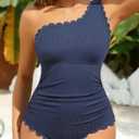 Summer Mae One Shoulder Women's One Piece Swimsuit Ribbed Scalloped Swim Suits Slimming Full Coverage Modest Bathing Suit (14, Blue Black)