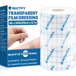 Transparent Film Dressing Roll, 4in x 15 Yards, Waterproof Tattoo Aftercare Bandage, Waterproof Adhesive Bandages for Wound Care, IV Shield, Shower & Swimming (About 108 Sheets of 4"x5" Film)