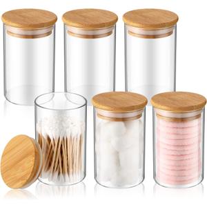 6 Pack Glass Apothecary Jars with Lids Bamboo Bathroom Accessories Cotton Balls Pads Swabs Holder Jar Bathroom Canisters for Vanity Accessories Storage