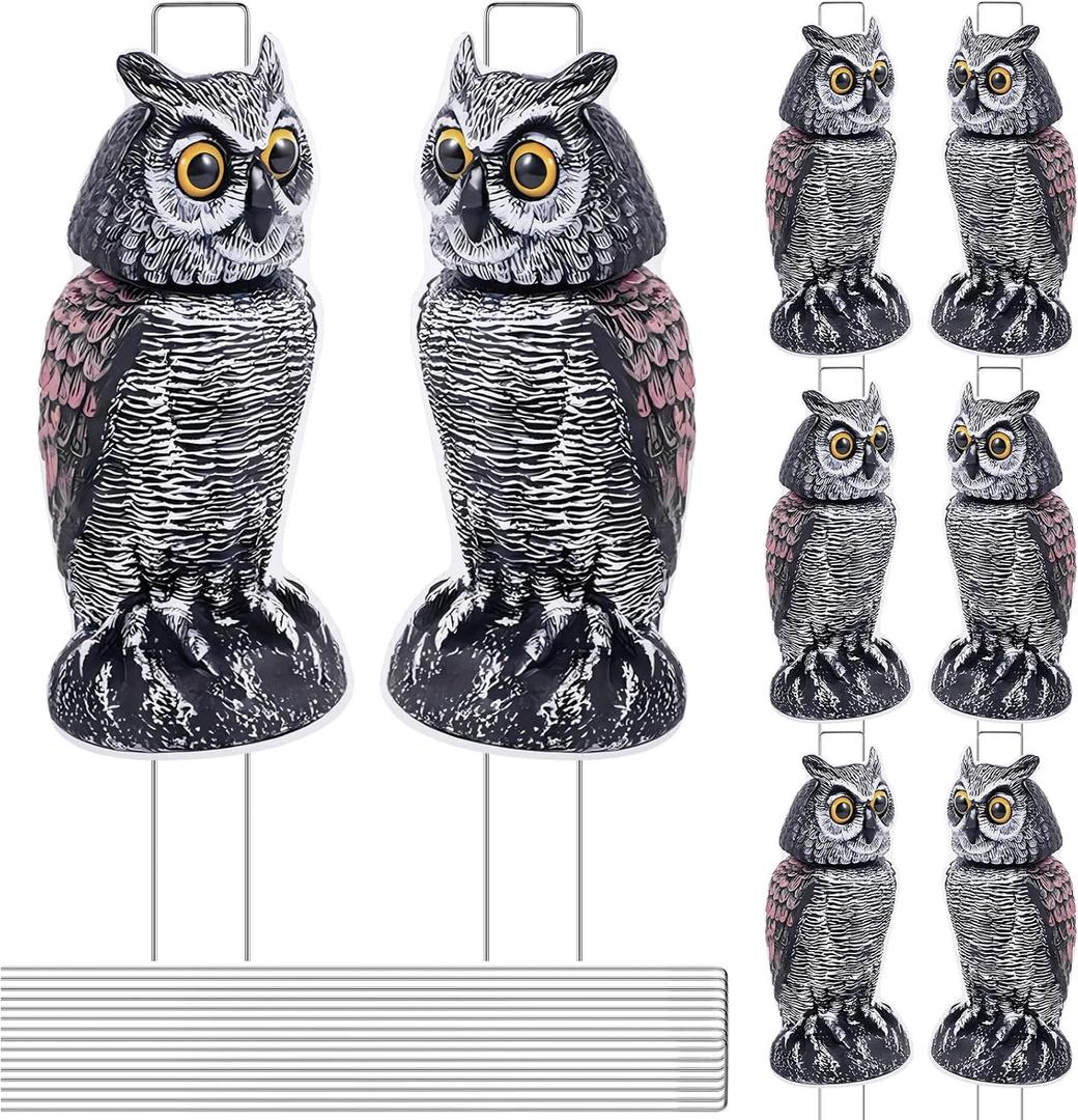 8 Pack Owl Decoys to Scare Birds Away, Fake Owls Scarecrow Yard Lawn Sign with Stakes Pest Repellent Bird Deterrents Waterproof Plastic Owls Decorations for Gardens Patio Outdoor(1 Pattern)