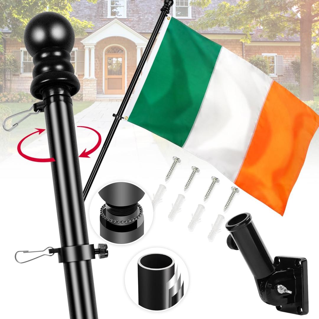 Ireland Flag with Poles for Outside House, 6ft Stainless Steel No Tangle Spinning Flag Pole, 180 Multi- Position Mounting Bracket, 3x5 ft Nylon Irish Flag, Wind Resistant Rust Free Kit (Black)