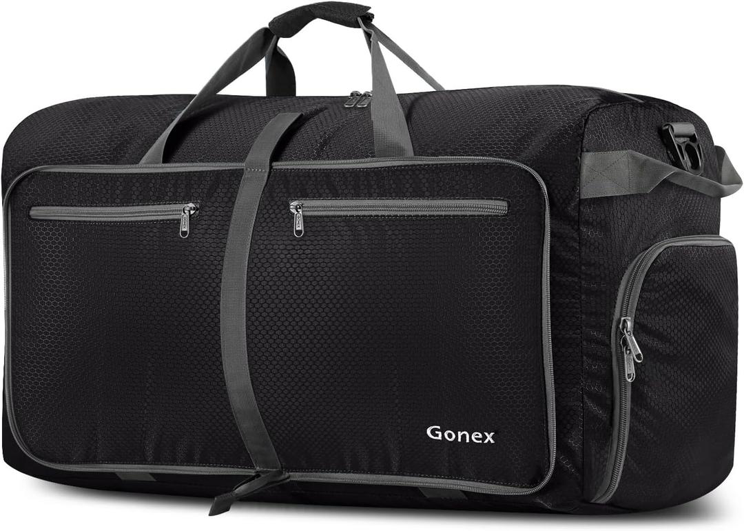 Gonex 40L 60L 80L 100L 150L Large Foldable Travel Duffle Bag with Shoes Compartment, Packable Lightweight Water Repellent Duffel Bag for Camping Gym Weekender Bag (Black)