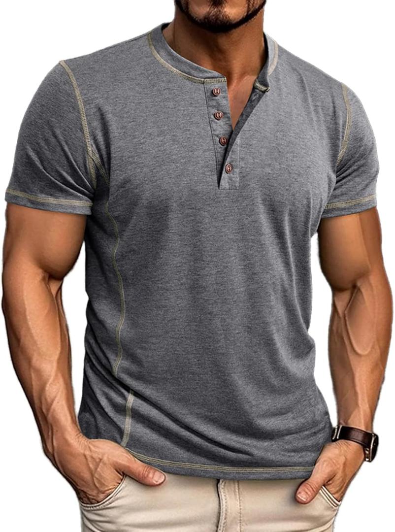 Men's Henley Shirts Short Sleeve Button Cotton T Shirts | Summer,Lightweight,Soft Stretch Fabric,Casual,Solid,Breathable Comfort,Basic Tee (L)