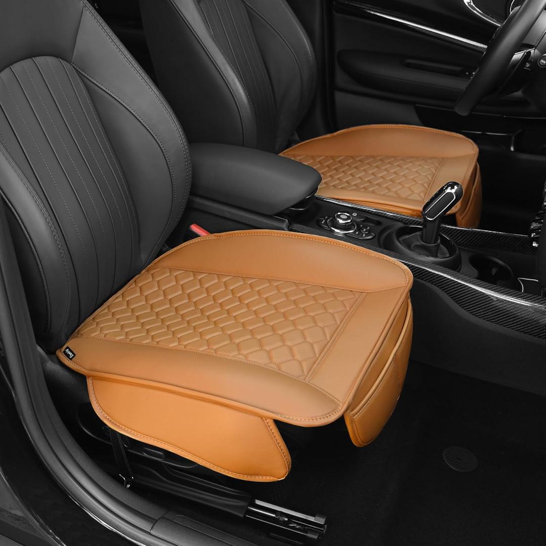 Elantrip Luxury 2 Pcs Leather Front Car Seat Cover Bottom Anti-Slip, Full Wrap Protection, Waterproof Cushion with Storage Pocket for Most Vehicles (Dark Brown)