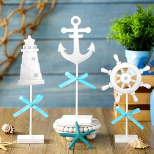 Seeloowy 3 Pcs Summer Nautical Wood Table Decor Anchor, Lighthouse, Ship Wheel Standing Centerpiece Rustic Coastal Farmhouse Beach Ocean Table Topper Sign for Home Kitchen Party