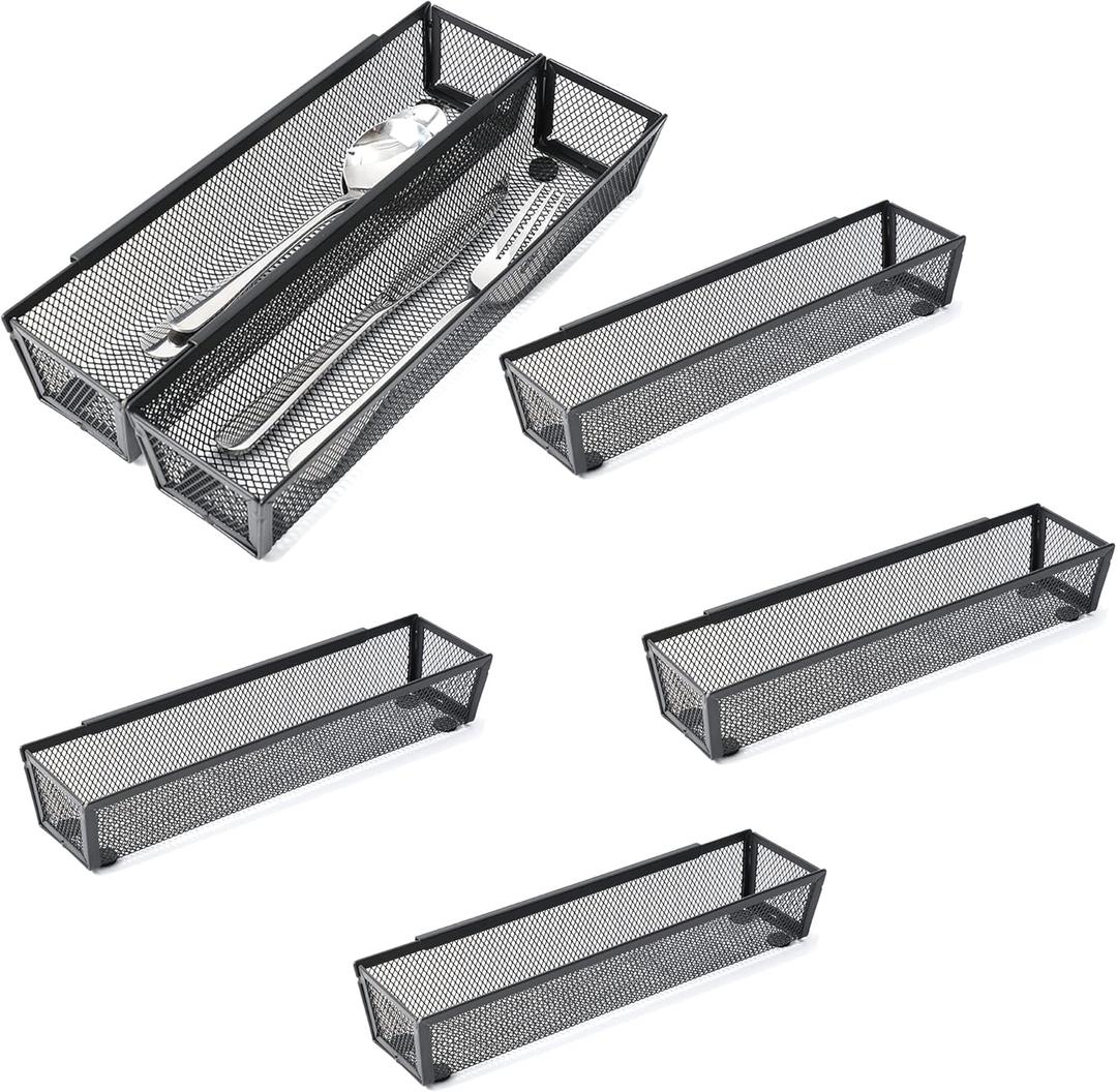 6 Pack Black Silverware Drawer Organizer Kitchen Drawer Utensil Cutlery Tray Office Supplies with Inter-locking Arm Drawer Dividers Organizer for Silverware, Flatware, Home,Office, School,Bedroom 12X3
