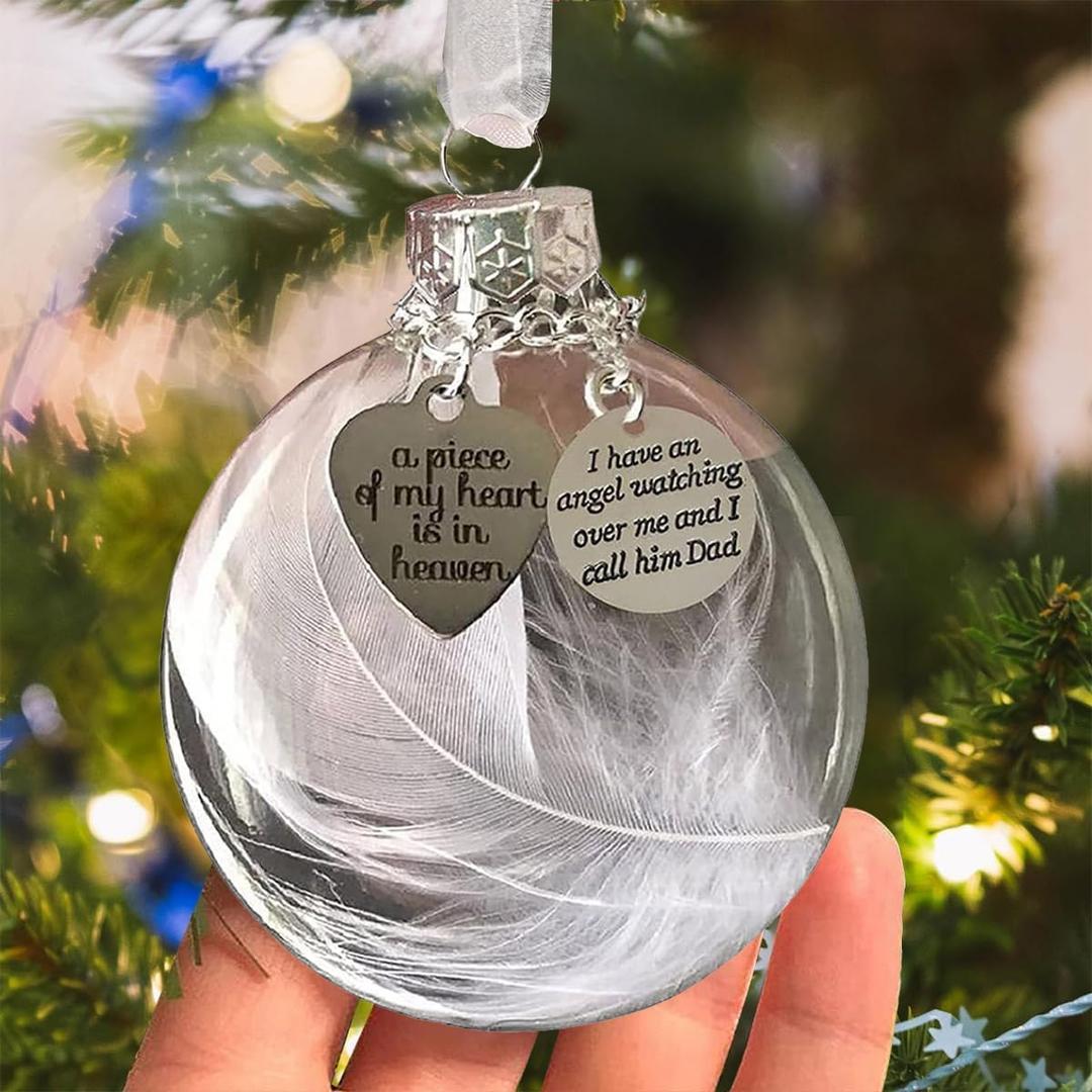Dad Memorial Ornaments Gifts, 3.15 Inches Christmas Memorial Ornaments Hanging Clear Feather Ball Sympathy Gift
