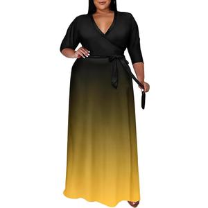 Runwind Plus Size Dresses for Women Gradient Maxi Dress Flowy 3/4 Sleeve with Belt 3 XL