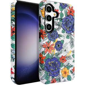 J.west Floral Galaxy S24 Plus Case 5G 6.7 inch - Vintage Blue Flowers Print, Slim Dual-Layer Hybrid Shockproof Bumper with Anti-Scratch Cover, Protective Phone Case for Women Girls