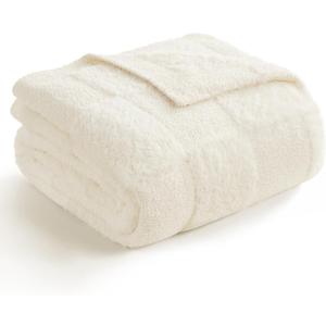 Snuggle Sac Checkered Throw Blanket Faux Fur Microfiber Blankets for Couch,Cozy Soft Warm Blanket for Sofa Bedroom Living Room,Solid Ivory,50x60 inches