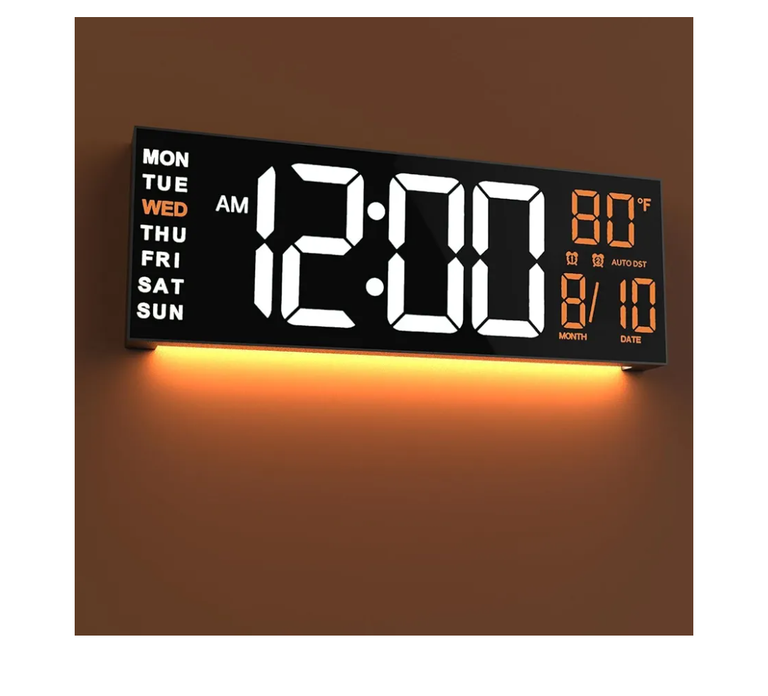 JALL 16" Large Digital Wall Mount Clock, Count Down Timer, Alarm, Big LED, RGB Color, DST, Temperature for Living Room Classroom Desk, Xmas, Birthday Gift for Senior Mom Dad (White Orange, 16 inches)