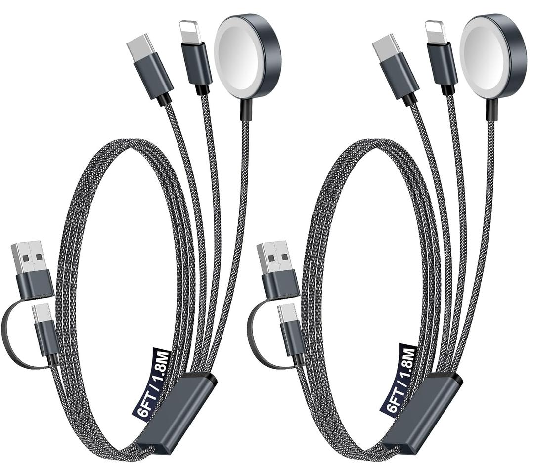 2Pack Multi Charging Cable Cord for Travel Essentials,Apple Watch Charger,iPhone Charger,[3-in-2] Type C/Lightning Cable Portable Designed for iWatch,iPhone 17-8,Galaxy S25-21,AirPods,iPad-1.8M Black