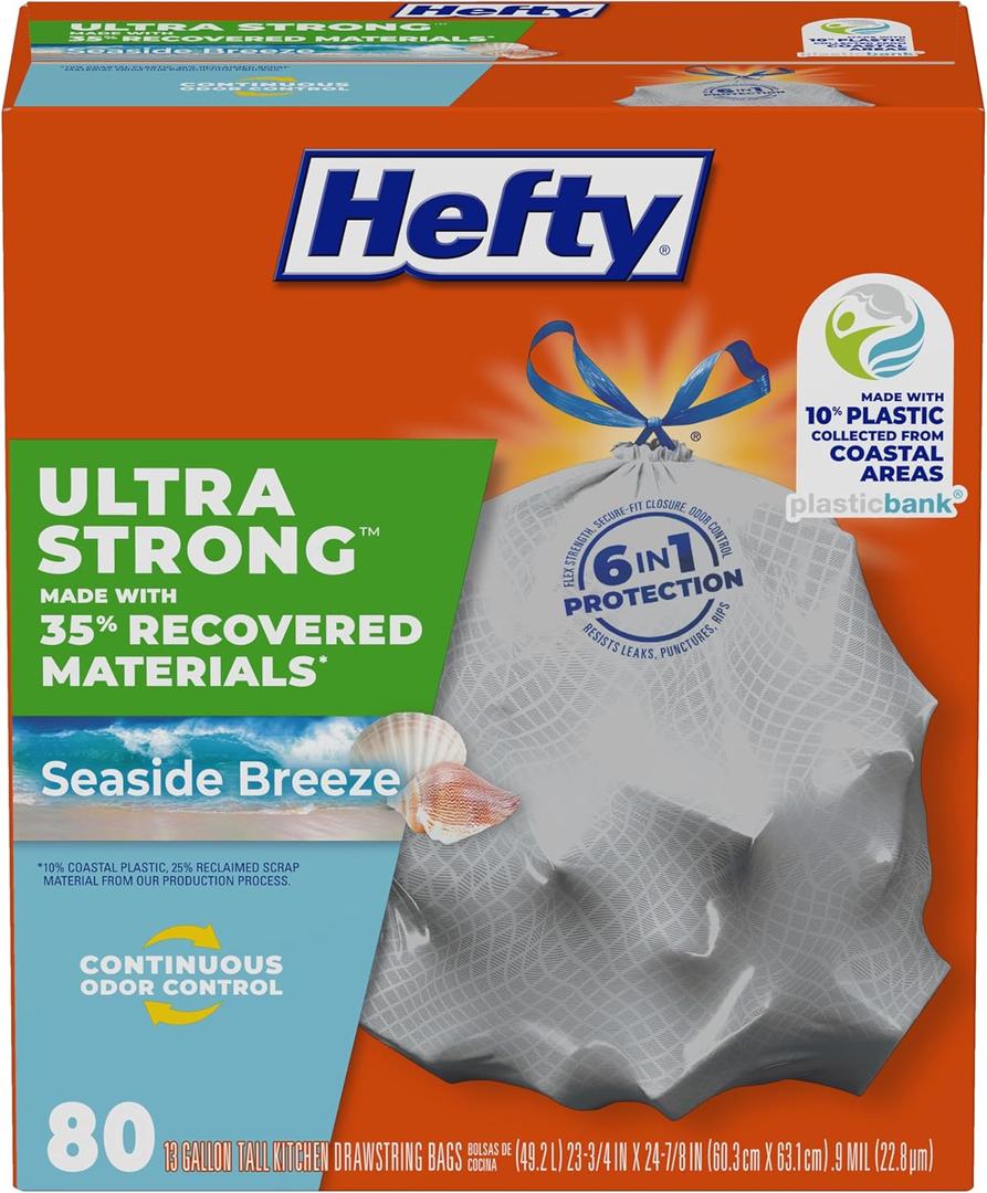 Hefty Ultra Strong 13 Gallon Trash Bags, Tall Kitchen Trash Bags Made with Recovered Materials, Including Coastal Plastic, Drawstring, Resists Leaks and Punctures, Gray, Seaside Breeze Scent, 80 Bags