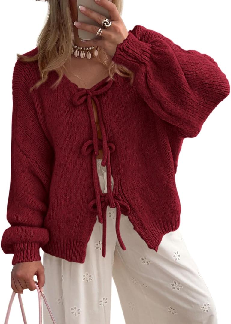 PRETTYGARDEN Women's Tie Front Bow Cardigan Sweaters Chunky Knit Long Puff Sleeve Trendy Fall Winter Jacket Coats (Wine Red, Medium)