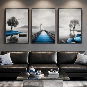 Framed Blue Black and White Lake Wall Art for Living Room, 3 Piece Large Landscape Prints Artwork for Walls, Modern Scenery Canvas Pictures Paintings for Dining Room Home Office Wall Decor, 24x36 Inch, 24"W x 36"L x 3 pcs
