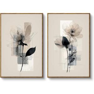 HUARCEY Large Modern Abstract Flower Wall Art Framed Canvas Set of 2, 16"x24" Minimalist Floral Paintings Artwork 2 Piece, Contemporary Neutral Tones Bedroom Living Room Kitchen Home Decor